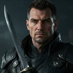 cinematic shot epic portrait cutlass black from star citizen, hyper realistic, mood lighting, fantasy, detailed face, highly detailed, super realistic, perfect lighting