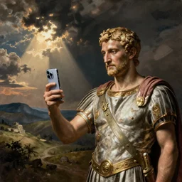 roman emperor nero being shown an iphone by a time traveler, by caravaggio