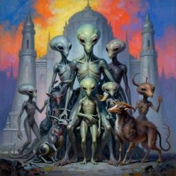 painting of an alien family, intercrossed humans, mixed animal, in a mayen temple, by giger, zdzislaw beksinski, frank frazette, cold hue's, amazing colorful background, digital art, concept art, animal painting, trending on art station, beautiful composition 3 - d 4 k,