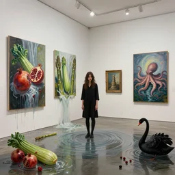 painting of a flooded modern art gallery and a tall emo girl, art gallery interior, paintings melting and dripping, waterfall, pomegranates, courgette and asparagus, octopus, zen, black swans, berries, 2 0 mm lens, surrealist, by magritte and monet
