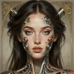 symmetry!! megan fox, machine parts embedded into face, intricate, elegant, highly detailed, digital painting, artstation, concept art, smooth, sharp focus, illustration, art by artgerm and greg rutkowski and alphonse mucha, 8 k