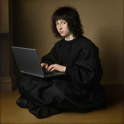 portrait of a long shaggy black haired teenager with a black colored sweater with a laptop, full body, renaissance painting, ultra detailed, high resolution, masterpiece