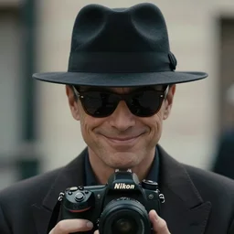 film still, extreme long shot, of an enigmatic mysterious man, making the best smug smile, face unseen by wearing a luxury designer fedora and chopard sunglasses, expensive outfit, elegant, casual, intricate, symmetrical, realistic, rich moody colors, by annie leibovitz, nikon d 8 5 0 camera, photoshopped