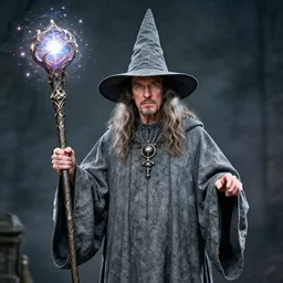 mark e smith dressed in large grey robes and a big pointy wizard hat staff and holding a large magical staff with magical sparkles all around, photograph, 4 k, highly detailed