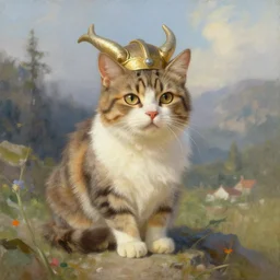 viking cat in the style of thomas kinkade