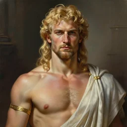 painted portrait of rugged greek god, blonde hair masculine, mature handsome upper body muscular torso fantasy, intricate, elegant, extremely detailed digital painting trending artstation concept art heroic portrait sharp focus, illustration, art by greg rutkowski magali villeneuve gaston bussiere