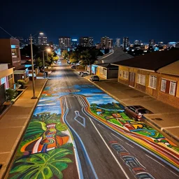 ndebele city of the future, ndebele painted street scene, high definition, detailed, futuristic, night scene, realistic