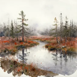 watercolor fast painting of scandinavian bog, reflective, fog, ambient lighting, art by anders zorn, wonderful masterpiece by greg rutkowski, sloppy and quick, mockup, paint smear, paintbrush strokes, bold brush