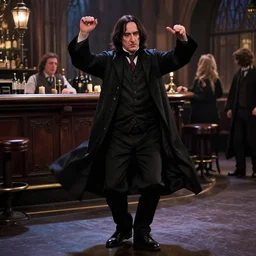 Severus Snape dances in a bar, night city, realistic, full body, very detailed, super realistic