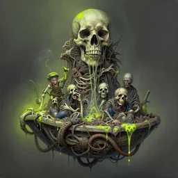 airbrush & oils of 4 character, tiered disgusting, floating sewer raft, made of bones, dystopian, by wayne d barlowe, h r giger, simon bisley, alex nino, feng zu boris vallejo, enric torres, hyper realism, narrative light, lime neon, muted colors, epic, hyper detailed, awe inspiring, award winning horror, - n 4