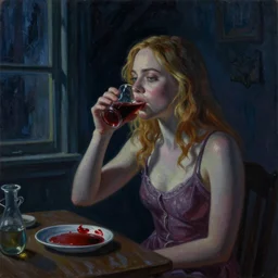 Elle Fanning drinking blood at night at night in the world of Edward Hopper, creepy basement room, flickering lights, extremely detailed masterpiece, oil on canvas, low-key neon lighting, artstation, Blade Runner 2049, Roger Deakin’s cinematography, by J. C. Leyendecker and Peter Paul Rubens,