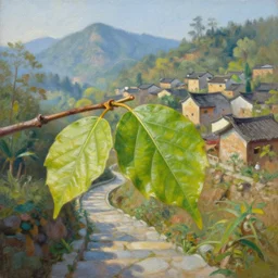 gediminas pranckevicius gorgeous painting by barlowe wayne maxfield parrish and marco mazzoni. a very close - up shot on a branch with 3 leaf!! china mountain village!! sunny morning. the winding stone steps. ultra clear detailed. 3 d, octane render. 8 k
