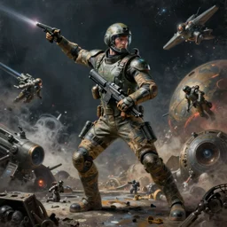 full body pose, hyperrealistic mixed media painting of epic space battle, dim volumetric lighting, 8 k, octane beautifully detailed render, extremely hyper detailed, intricate, epic composition, cinematic lighting, masterpiece, trending on artstation, very very detailed, masterpiece, stunning, hdr, smooth, sharp focus, high resolution, award, winning photo, dslr, 5 0 mm