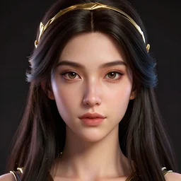 highly detailed portrait of a young woman with long dark hair and a golden headband, art by greg rutkowski, unreal engine, high quality, vivid, stunning lighting, symmetry