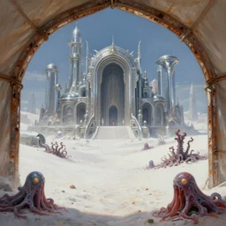 inside of a merchant tent at a sprawling temple city of chrome, white salt desert dunes, matte oil painting, rusted chrome archways, retrofuturistic, concept art, science fantasy, mutant, lgbt, queer, rpg, epic, badlands, slime, sentient plants, dungeons & dragons, sacred, sharp focus, award - winning, extremely detailed, 4 k, 8 k