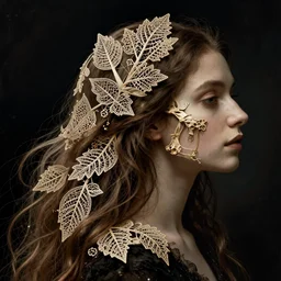 a woman's face in profile, long flowing hair entwined in intricate decorative lace leaf skeleton, in the style of the dutch masters and gregory crewdson, dark and moody
