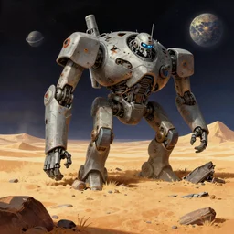 next to the wreckage of a destroyed fallen giant humanoid robot on a remote desert planet, from a space themed point and click 2 d graphic adventure game, art inspired by thomas kinkade