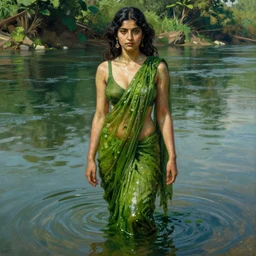 hyperrealist portrait in a river, sensual bengali girl, full body green water algae by alphonse mucha and lucian freud and bouguereau, very detailed faces