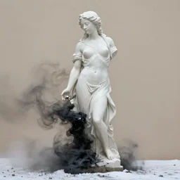 photo by saul leiter, broken white statue of a woman, a black smoky mass from below, transparent skin, snow, foggy, motion blur, beige