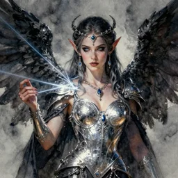 concept art of dark elf princess angel gilr, pinterest, artstation trending, behance, watercolor, by coby whitmore, silver, laser light,