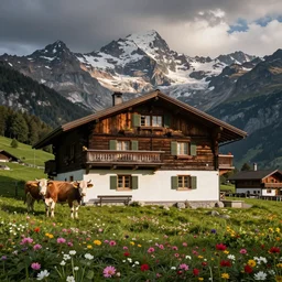 Mechanical switzerland chalet, beautiful, mountains, flowers, cows