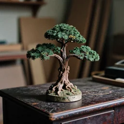 bonzai tree on an old desk, close up, home lighting, dark old carpentry room backdrop, film grain, 3 3 mm, high detail