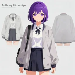 character design of Anthony himemiya as a college student, short purple hair, desi girl, tokyo fashion, detailed anime character art, tomboy, concept art, portrait, japanese streetwear, dramatic pose, shoujo manga character design, character art, urban, vibrant, highly detailed, full body, Akihiko Yoshida