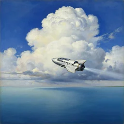 a beautiful painting of a space craft flying on a great lake with spectacular clouds by moebius