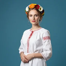 a portrait of beautiful nordic woman wearing a white folkdrakt dress, summer flowers headband on her head, against a teal blue background