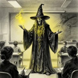 classroom sketch of wizard wiz khalifa, eldritch horror, surreal black and yellow, shading, high detail