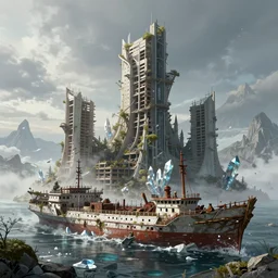 a beautiful detailed illustration of shipwreck nature city building unfinished building architecture abandoned urbex by toyo ito, nature otherworldly architecture island wilderness assassin's creed fantasy gem crystal cgsociety tundra, archdaily, wallpaper, highly detailed, trending on artstation.