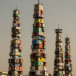 close - up view of asymmetrical long suspended towers made up of colourful makeshift squatter shacks, faded colours, plain uniform sky, mamiya, very detailed, photographed by cristina de middel