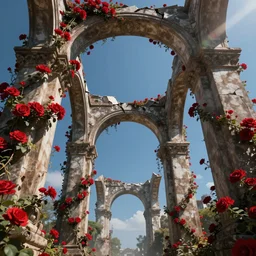 broken arches leading to the pillars of eternity draped with red flowers and vines, blue sky, lens flare, a sense of mystery, cinematic, ultra detailed, intricate, sharp focus, trending on artstation, digital illustration by Ashline, 8K