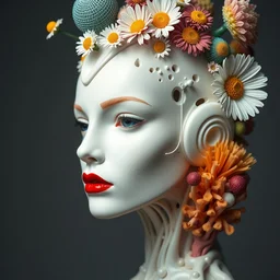 biomechanical beautiful woman portrait with a smooth carved porcelain ivory profile face, futuristic haute couture, iris van herpin, headdress with daisies, colorful puffballs, mushrooms, rhizomorphs, brackets, sponge corals, laser cut paper, red plump lips, beautiful black eyes, hyper detailed, ultra sharp, 8 k, uhd