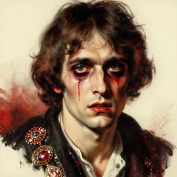 a handsome but sinister and creepy man in layers of fear, with haunted eyes, violence in his eyes, 1 9 7 0 s, seventies, delicate embellishments, a little blood, crimson, painterly, offset printing technique, by alexandre cabanel