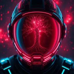 symmetrical extreme closeup portrait mass effect tron neon glowing matrix chrome robot reflection glass astronaut looking at a glowing tree of life, weird, creepy, quiet, red color scheme, andromeda krogan nebula aurora, bioluminance alena aenami artworks in 4 k, moebius!! dan mumford thomas kinkade