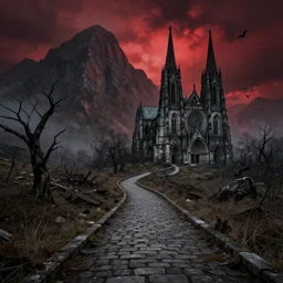 wide angle image, hellish abandoned background landscape, massive mountains, winding stone path leading to a gothic cathedral, bats flying in the distance, ornate cathedral with detailed features, haunted, haunting, dead trees, stormy red sky, horror, unsettling, by gaston bussiere, craig mullins, j. c. ley