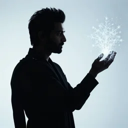photo still of, dark silhouette of avan jogia, enchanting a freezing spell, 8 k, studio lighting bright ambient lighting key light, 8 5 mm f 1. 8