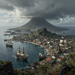 A secret pirate shanty town and harbor full of sail ships, on a volcanic island. Sscenic view, overcast, storm on the horizon. Atmospheric matte painting by Darek Zabrocki and Emmanuel Shiu, 4k ultra detailed, cinematic.