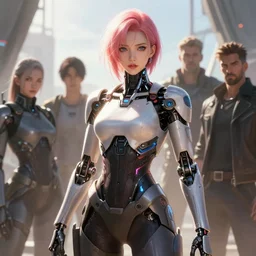 kim hyun joo as an android, rose hair, cyborg, warframe, cinematic, illuminated, sunny, beautiful girl, advanced technology, futuristic, digital painting by ilya kuvshinov, akiko takase, eugene gottsnake, stanislav istratov and su fu and antoine collignon