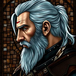 beautiful and detailed portrait of geralt from the witcher 3, profile view, side view, white hair in a half ponytail, forehead - scar, kaer morhen armor, brown mosaic background, stained glass art, by alphone mucha, very masterful