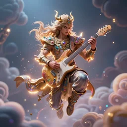 a beautiful male human god of guitars character, character is in all its glory, character is centered on the image, character is flying, rim lights, magic in the air, fancy clouds, highly detailed professional photo, dynamic lights, particles are flying, depth of field, trending on artstation, illustration, hyper realistic, vray caustics, super detailed, colorful accents, cinematic shot