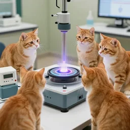 1 9 8 0's color photo, cute orange cats, supervising teleportation laboratory experiments