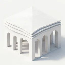 isometric perspective of dreamy minimalist buildings made of porous white layers, forming a canopy of concrete with pillars and arched vaults.