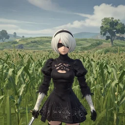 Screenshot from Nier Automata in a beautiful countryside corn field