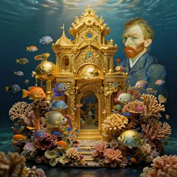 a small coral reef deep sea filled with tropical fish, studio lighting, golden ratio, details, masterpiece, fine art, intricate, decadent, ornate, highly detailed, digital painting, octane render, ray tracing reflections, 8 k, artstation, concept art, smooth, sharp focus, illustration, art by claude monet and vincent van gogh and van eyck