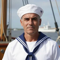 a portrait of a sailor on a boat, realistic portrait, portrait photography, natural lighting, sailor attire, sharp focus, photorealism