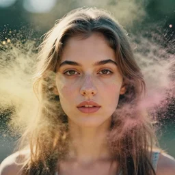 analog close up frontal face portrait photography of a beautiful woman surrounded by colored powder explosion by jean james and marco mazzoni. vogue. kodak portra 8 0 0 film. ( depth of field ). whirl bokeh!!. golden hour. detailed. hq. realistic. warm light. muted colors. filmic. dreamy. lens flare. mamiya 7 ii, f / 1. 2, symmetrical balance, in - frame