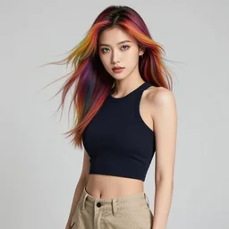 a award winning half body portrait of a beautiful woman with stunning eyes in a croptop and cargo pants with rainbow colored hair blowing in the wind, outlined by whirling illuminated neon lines, outrun, vaporware, shaded flat illustration, digital art, trending on artstation, highly detailed, fine detail, intricate