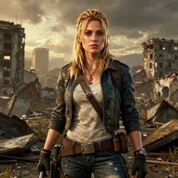 fallout 5, charismatic beautiful rugged blonde female protagonist, portrait, outdoors ruined cityscape, atmospheric lighting, painted, intricate, volumetric lighting, beautiful, daytime, slight overcast weather, sharp focus, deep colours, golden hour, ultra detailed, by leesha hannigan, ross tran, thierry doizon, kai carpenter, ignacio fernandez rios